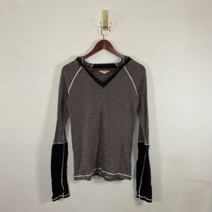 Dakini 100% Merino Wool Chocolate Brown Striped Hoodie Sweater Exposed Seams Y2K